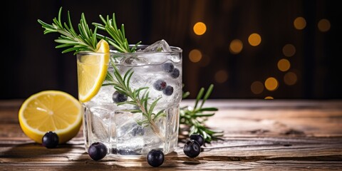 Gin and tonic cocktail with lemon, juniper branch, and ice on rustic wooden table, copy space: Iced cocktail drink with lemon and juniper berries. - obrazy, fototapety, plakaty