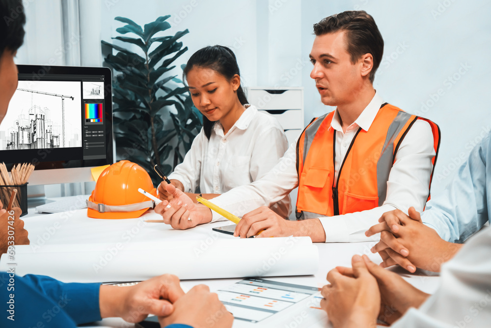 Poster diverse group of civil engineer and client working together on architectural project, reviewing cons