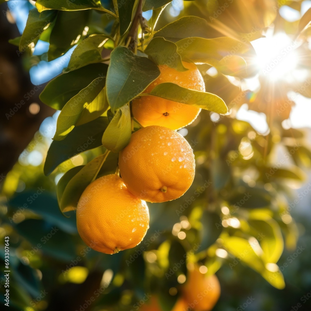 Poster orange tree with ripe oranges on the tree. generative ai.