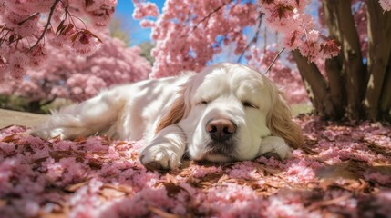 A golden retriever dog sleeping under a tree with pink flowers. Generative AI. - obrazy, fototapety, plakaty
