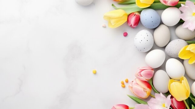 Easter eggs and tulips on a white background. Generative AI.