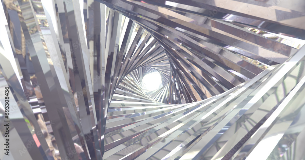 Poster abstract metallic shiny silver chrome polyhedral tunnel frame made of lines of hexagonal edges, mech