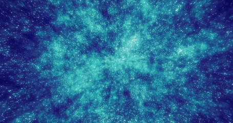 Abstract blue background of small round bokeh particles, beautiful holiday snowflakes, magical snow, energetic bright glowing cosmic stars