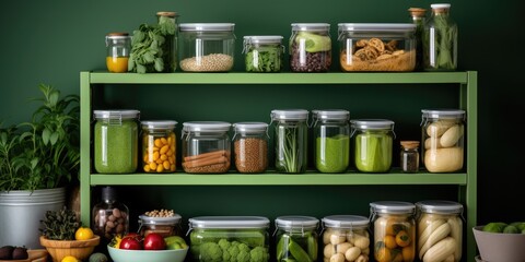 Organized food storage with various items on green shelf in kitchen.