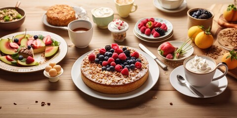 Breakfast food and cake on table, viewed from above in a kitchen background, promoting a healthy lifestyle.