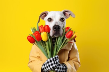 Cute dog wearing colorful clothes holds bouquet of tulips on yellow background - obrazy, fototapety, plakaty