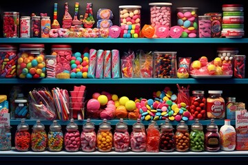 Estantería repleta de dulces coloridos, desde gomas hasta chocolates, perfecta para fiestas - obrazy, fototapety, plakaty