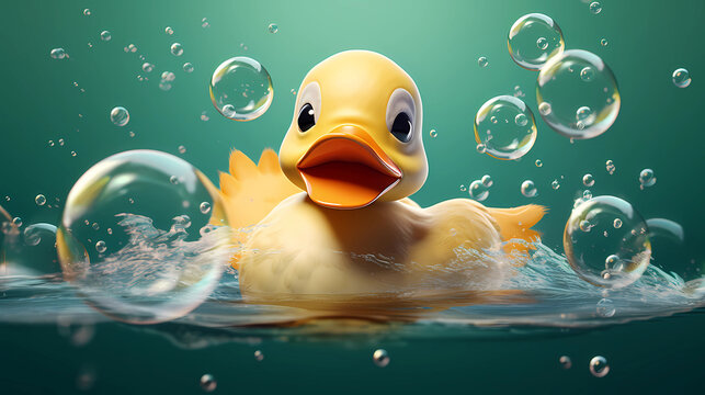 Cute duck with bubbles. Vector Illustration