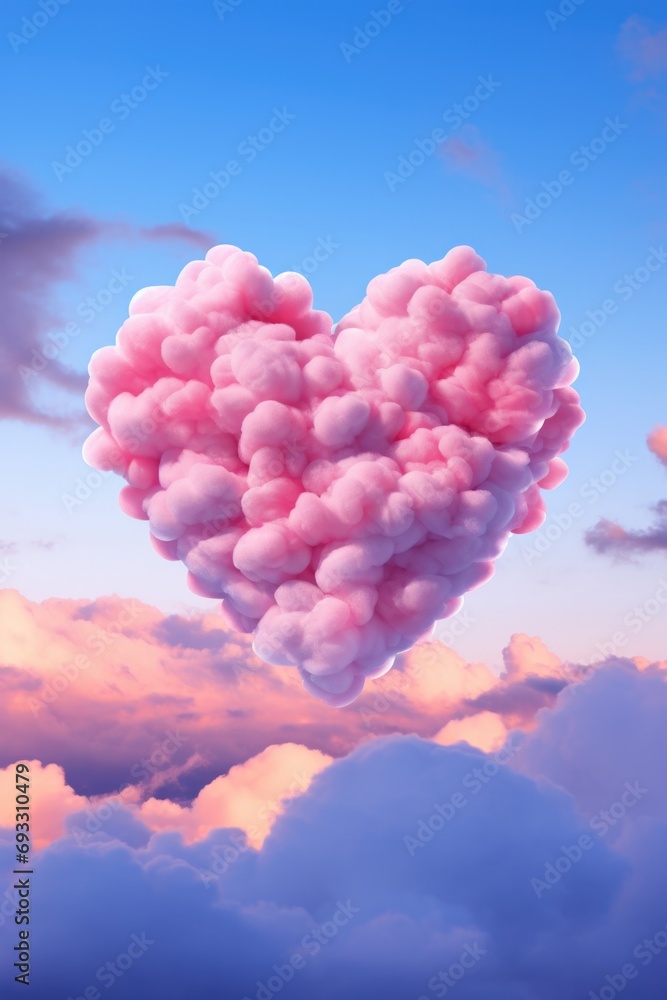 Poster clouds in the shape of a heart floating in the sky. generative ai.