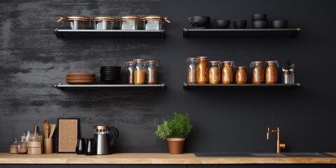Modern loft-style and rustic kitchen design featuring a black wall with shelving, trays, jars,...