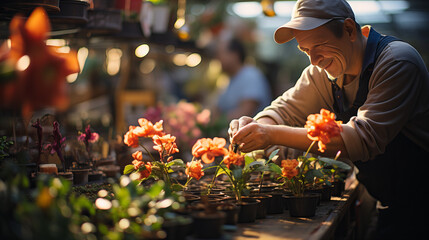A dapper gentleman tends to his colorful blooms, surrounded by the bustling streets and market...