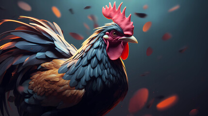 Portrait of rooster with feathers fly. Vector Illustration - obrazy, fototapety, plakaty