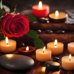 Fototapeta na wymiar Spa stones with candles and roses on dark wooden table, closeup. Valentine's Day celebration