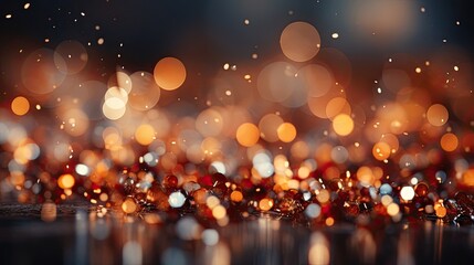 Fototapeta na wymiar Abstract blurred holiday background with golden shiny golden bokeh circles