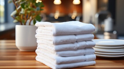 Fototapeta na wymiar Clean Dry Soft Cotton Fluffy Neatly Folded Towels for Shower Bath and Spa