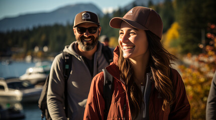 Two happy travelers embrace the crisp autumn air, their stylish jackets and scarves standing out against the mountain backdrop as they share a smile and a moment of pure joy