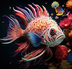 Fototapeta premium A vibrant fish in a coral reef dances with grace, surrounded by flowers and butterflies. Generative AI.