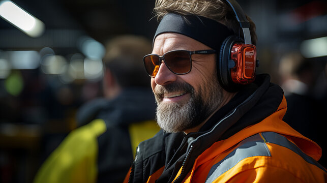 A cool man wearing headphones and sunglasses rocks his outdoor style with a sleek jacket and beard, all while keeping his eyes protected behind stylish eyewear