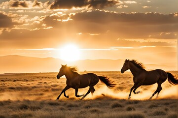 A pair of wild horses galloping freely across a vast, sun-kissed plain.

