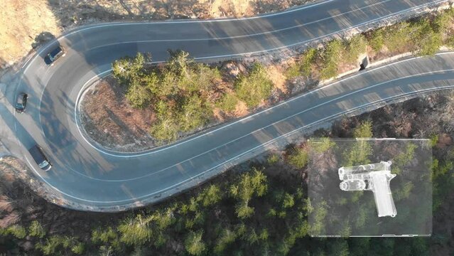 Convoy of Black Cars Carrying Smuggled Guns Driving On The Road. - aerial shot