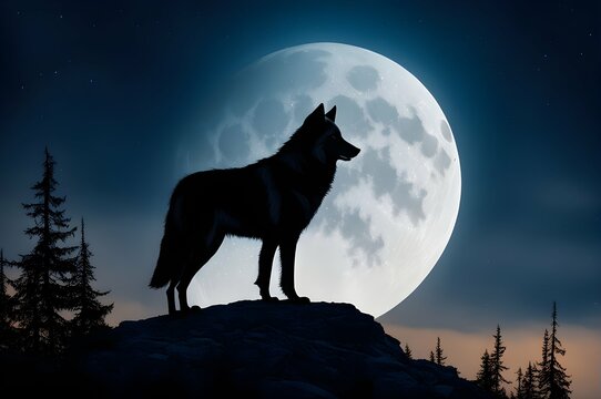 The delicate silhouette of a lone wolf against the backdrop of a full moon, embodying the spirit of the untamed wilderness.

