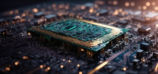 Concept Visualization for Advanced Technologies Artificial Intelligence Startup Circuit Board CPU Processor Microchip Digitalization of Data for Cloud Computing and Neural Networks. Data is Moved via 