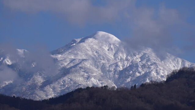 Scudding clouds over the snow mountain. 4K time-lapse recording.