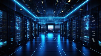 Data center server racks operating in a dimly lighted space. Cloud computing, cryptocurrency farms,...