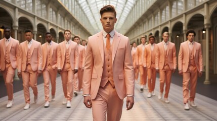 Fashion Week, a lot of male models with a serious face wearing suits defile on the catwalk. The...
