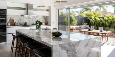 Spacious high-end kitchen in Australia with marble island counter - obrazy, fototapety, plakaty