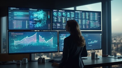 A female senior data scientist is in the monitoring room, reviewing reports from the risk management department on a large digital screen. Employees of a Diverse Consulting Firm Using Desktop Computer