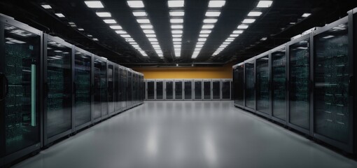 IT specialists from a modern, empty data center left after the shift. Cloud computing facility with a server farm. Department of System Administration. Cybersecurity Data Protection Engineering Networ