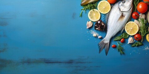Sea bass and ingredients arranged on blue table, with room for text.