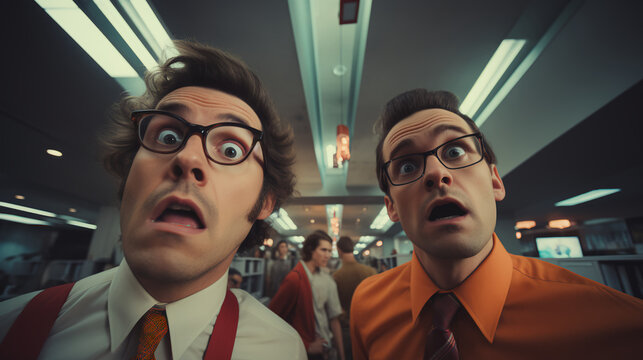 Strange office workers taking. Selfie - eccentric and quirky charm - close-up shot - perplexed - confused - shaken - surprised