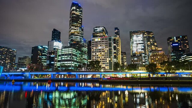 Time Lapse of Melbourne Cityscape with Yarra River waterfront and city's train at Night near Flinder Street Railway Station in Melbourne, Victoria, Australia
