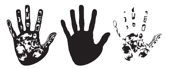 Hand paint print, isolated white background. Red human palm and fingers. Abstract art design, symbol identity people. Silhouette child, kid, people handprint. Grunge texture Vector illustration