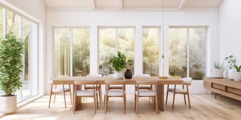 Bright-windowed contemporary white house with spacious wooden dining room.