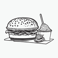 Burger coloring page hand drawn black and white color
