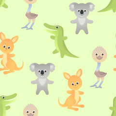 Funny cute australian animals seamless pattern. Cartoon crocodile, koala bear, ostrich emu and kangaroo. Children's character. Simple vector illustration.