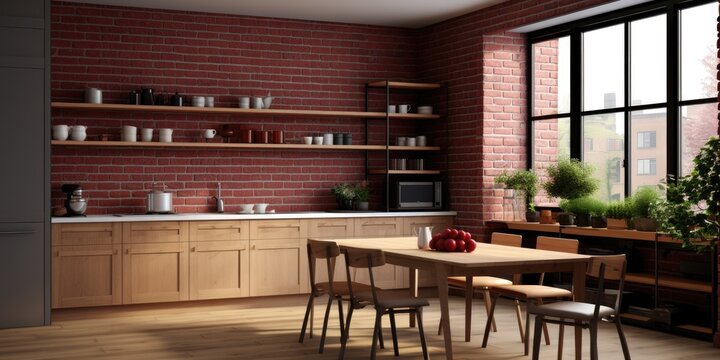  of an L-shaped kitchen with a white interior, dark red brick accents, wooden features, a large window, and kitchen utensils.