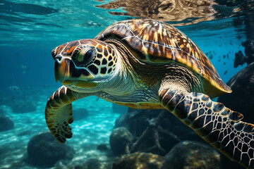 Fototapeta premium Image of a sea turtle swimming in the sea.