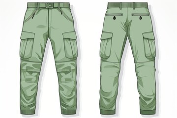 Cargo Pants technical fashion Illustration, green design. Jeans Pants fashion flat technical drawing template, gusset pockets, front, side and back view, green, women, men, unisex CAD mockup set - obrazy, fototapety, plakaty