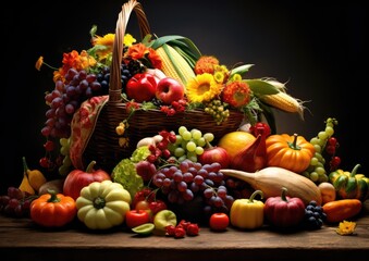 A close-up shot of a beautifully arranged cornucopia overflowing with fresh fruits and vegetables,