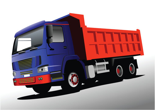 Blue-red truck on the road. Vector 3d illustration