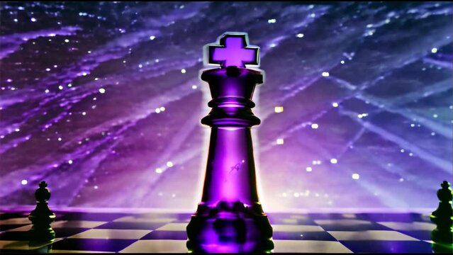 a chessboard and pieces illuminated against a starry backdrop, with a glowing chess king taking center stage. The picture represents the game of strategy and thought on a cosmic scale.