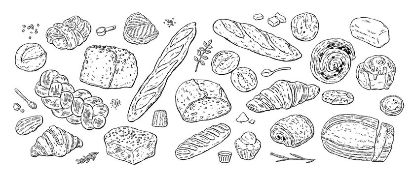 Set of illustrations of breads, pastries, and baking ingredients.Vectorized hand-drawn illustrations.