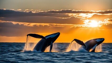 A pod of whales breaching the surface of the ocean, capturing the raw power and beauty of marine life.

