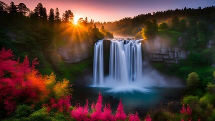 A cascading waterfall, its mist catching the first light of dawn, creating a mesmerizing play of colors.

