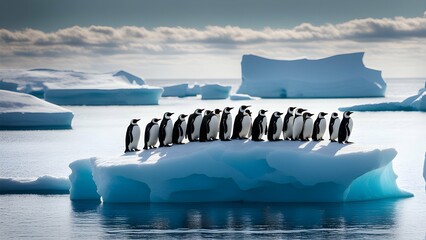 A group of penguins huddled together on an Antarctic iceberg, showcasing unity in the face of icy challenges.

