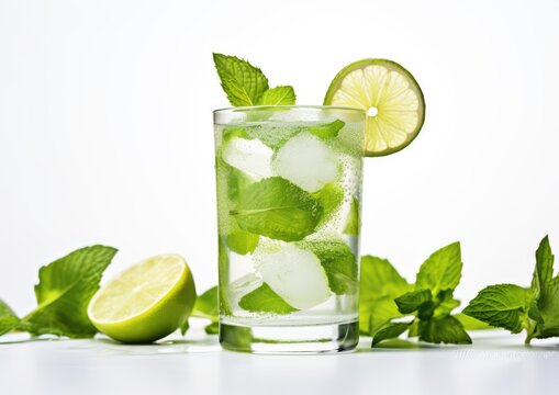 A close-up shot of a perfectly garnished mojito cocktail, with vibrant green mint leaves and a